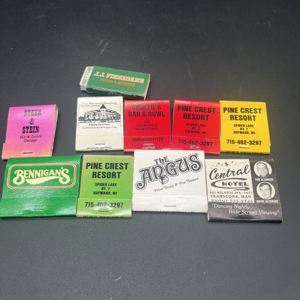 Vintage Matchbook Lot of 10 Bennigans Pine Crest Resort WI Central Hotel Canada